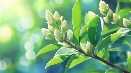 Green leaves and flower buds in spring sunlight with soft bokeh background.