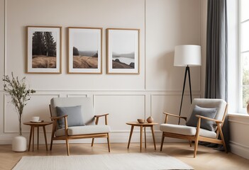 Fototapeta premium Modern Living Room Interior with Two Armchairs and Landscape Prints