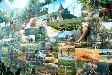 A lush collage of Sri Lanka featuring Sigiriya Rock Fortress, golden beaches, Ceylon tea plantations, an elephant sanctuary, traditional devil masks, stilt fishermen, and a sacred Buddha statue. A fus