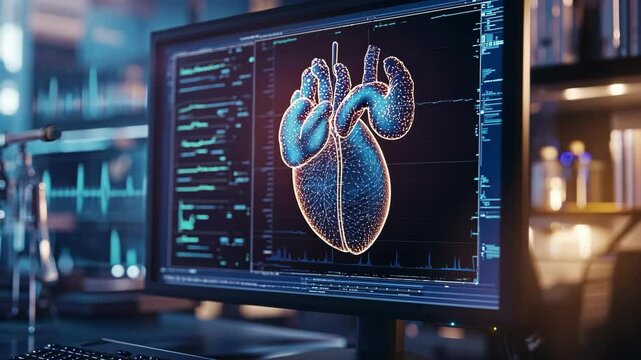 A medium closeup shot of a computer screen displaying 3D modeling software with a bioengineered heart valve being visualized. The detailed graphics illustrate the innovative design