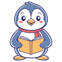 Cute Penguin Character, Blue and White, Holding an Orange Book, Wearing Red Scarf