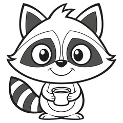 Cartoon Raccoon Character, Black & White Design, Striped Tail, Holding Mug, Outline Style