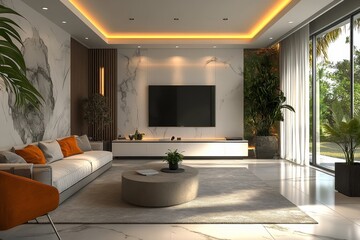 a stylish and modern living room with contemporary design elements. The space features a comfortable sofa and large windows that reveal a stunning exterior view