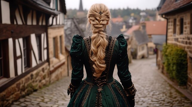 Woman in emerald velvet gown, braided blonde hair, medieval town.