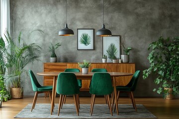 a stylish dining room showcasing an elegant wooden table, modern green chairs, and various decorative elements, creating a welcoming ambiance.