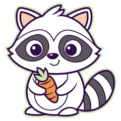 Cute Raccoon Holding Carrot Cartoon, Playful Animal Character, Striped Tail, Outline