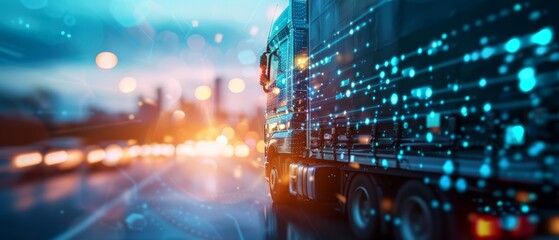 Fototapeta premium A digital truck moves swiftly along a blurred road, illuminated by city lights, symbolizing speed and technology in transportation.
