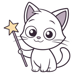 Cartoon White Cat Sitting Holding a Gold Star Wand, Cute, Happy, Isolated