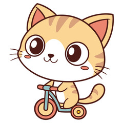 Cartoon striped cat riding tricycle isolated on white background. Cute animal character