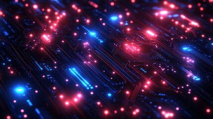 Glowing circuit board, intricate pathways, vibrant red and blue lights