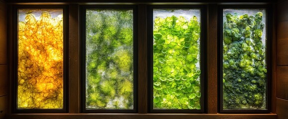 Vibrant vertical garden displayed in a series of rectangular glass panes, showcasing a spectrum of greens and yellows