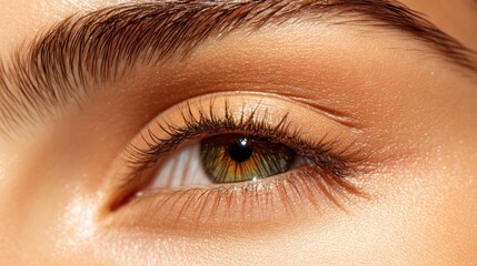 Obraz premium Close-up of a hazel eye with subtly applied makeup, showcasing long lashes and a soft peachy eyeshadow