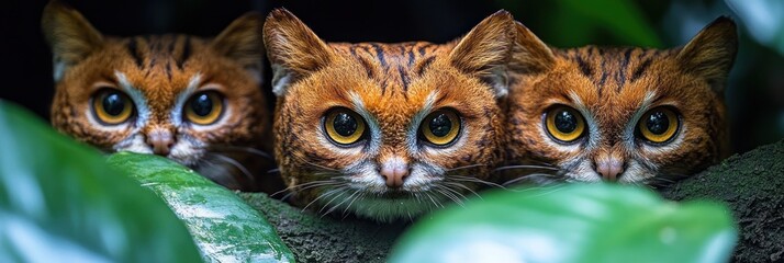 Three rusty-spotted cats peering from foliage.  Intense gaze