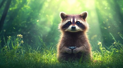 Adorable Raccoon Gamer in the Forest