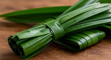 Fototapeta premium close-up of pandan leaves being bundled for use