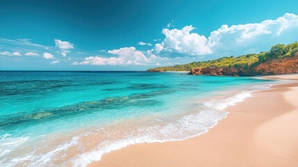 Obraz premium Idyllic beach scene; turquoise water laps gently onto soft, golden sand under a vibrant blue sky