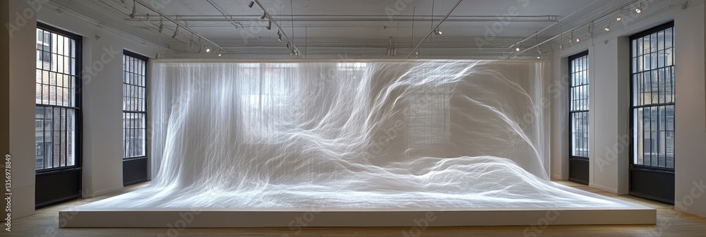 Poster light, translucent fabric sculpture displayed on a platform in a minimalist gallery setting. waves a