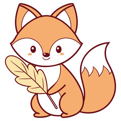 Cartoon fox sitting upright holding a golden leaf in its paws, with outline