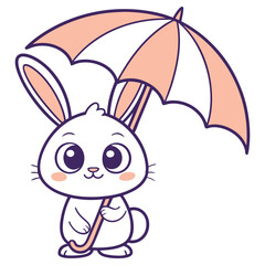 Cartoon Bunny with Peach Umbrella, Cute Animal Character with Outline, White Background