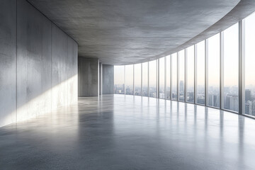 An empty modern interior space, with expansive windows offering a panoramic city view. The room is designed with minimalist concrete and glass. 