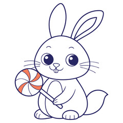 Cartoon Rabbit with Candy Lollipop Whimsical Line Art Character