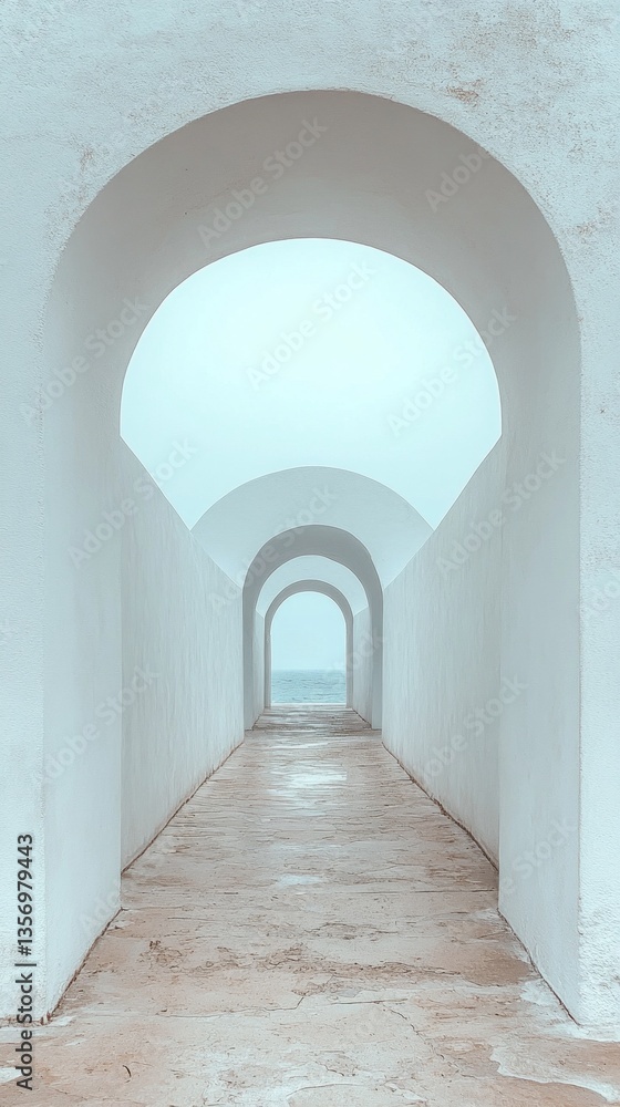 Poster a breathtaking corridor features smooth white walls and multiple arches, guiding the gaze towards a 