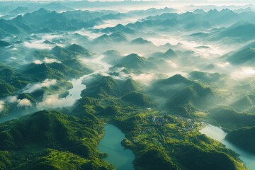 Mist-shrouded rolling green hills and mountains