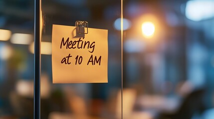 A sticky note reminder for a meeting at 10 AM on office glass.