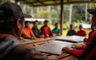 A group of people engages in discussion around a wooden table in a natural setting, focusing on collaborative work and communication.