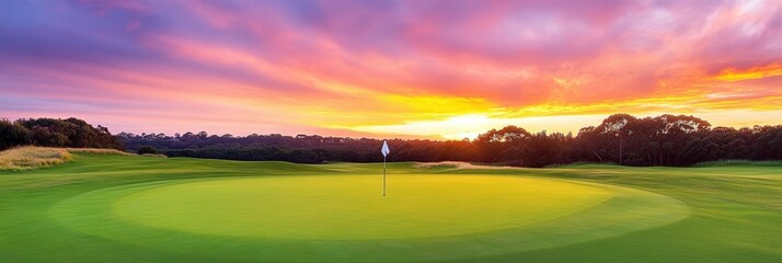 A stunning golf course at sunset, showcasing vibrant colors in the sky and lush green grass, creating a serene and picturesque landscape.