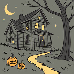 Haunted house with glowing jack-o'-lanterns vector design