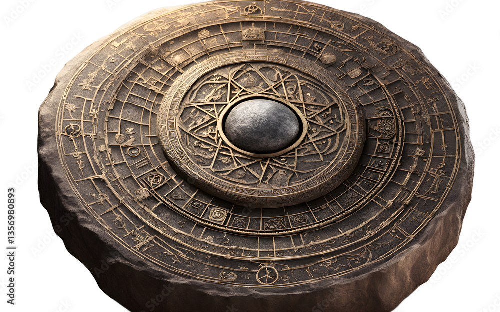 Poster Alchemy stone with ancient symbols etched into its surface, isolated on a empty plain background