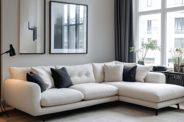 an inviting living room with a comfortable sofa and modern decor elements. The room is bathed in natural light from a large window and features a contemporary design with minimalist touches