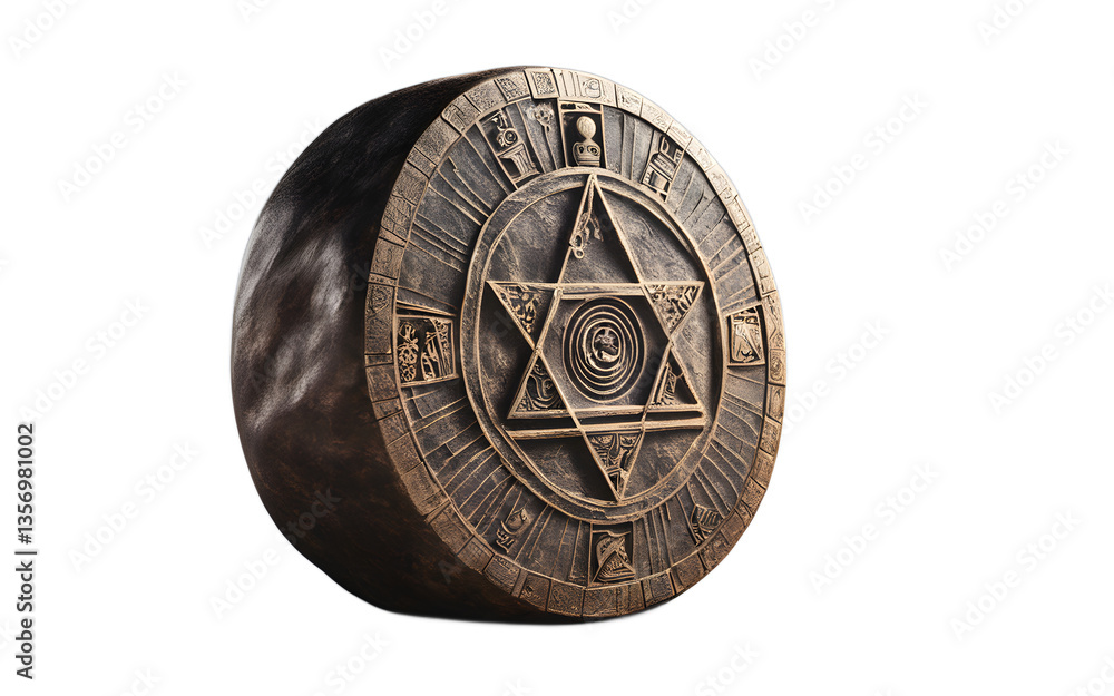 Poster Alchemy stone with ancient symbols etched into its surface, isolated on a empty plain background