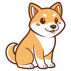 Cute Shiba Inu Dog Cartoon with Smiling Face & Brown Outline on Isolated White