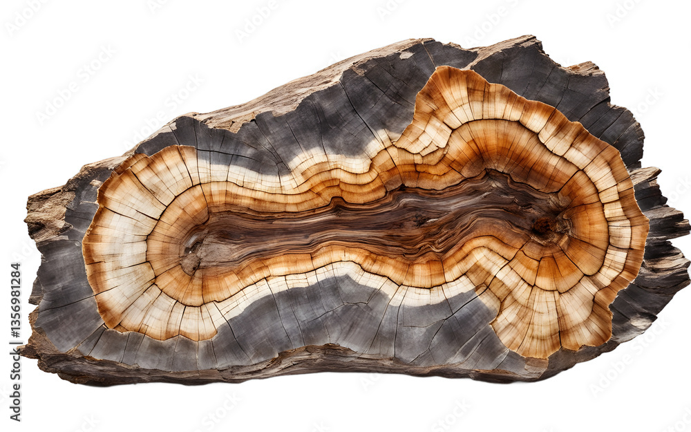 Aufkleber Ancient petrified wood with deep cracks and fossilized features, isolated on a empty plain background