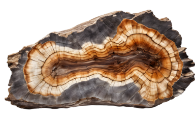Ancient petrified wood with deep cracks and fossilized features, isolated on a empty plain background