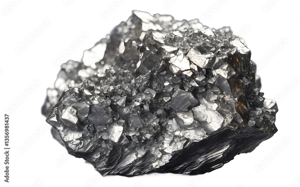 Poster antimony mineral with a rough metallic silver look, isolated on a empty plain background