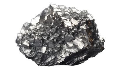 Antimony mineral with a rough metallic silver look, isolated on a empty plain background