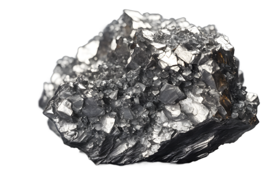 Antimony mineral with a rough metallic silver look, isolated on a empty plain background