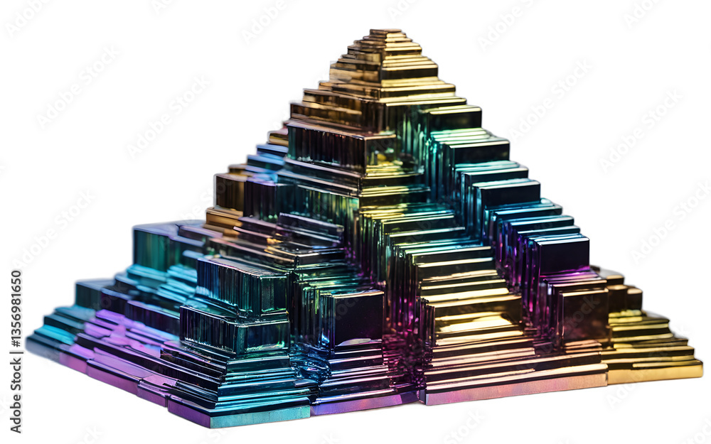 Poster Bismuth crystal with its signature iridescent colors and stair-step structure, isolated on a empty plain background