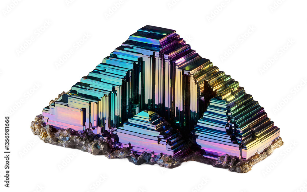 Aufkleber Bismuth crystal with its signature iridescent colors and stair-step structure, isolated on a empty plain background