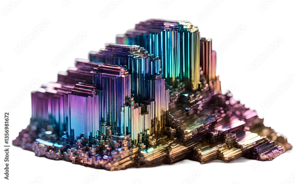 Aufkleber Bismuth crystal with its signature iridescent colors and stair-step structure, isolated on a empty plain background