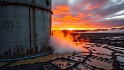 Geothermal sunset. Industrial storage tank beside steaming hot springs with colorful sunset sky reflecting in pools of water, showing geothermal activity in volcanic terrain.