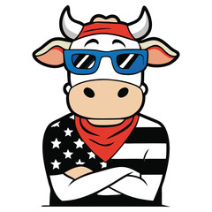 Cartoon Cow Standing with Arms Crossed Wearing Blue Sunglasses & American Flag Shirt