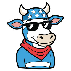 Cartoon Cool Cow Mascot with Sunglasses, Star Bandana, and Red Scarf