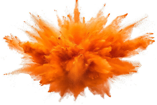 Bright orange-colored powder explosion on a white background