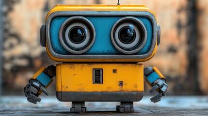 Cute, vintage-style robot with large eyes and weathered paint