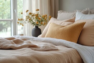 a cozy and inviting bedroom scene with soft, pastel bedding. The bed is neatly made with plush pillows and a textured blanket. The scene is brightened by a vase of yellow flowers. 
