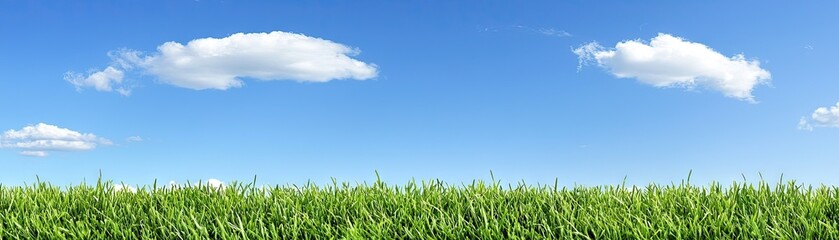 Green grass field under a clear blue sky with fluffy white clouds; nature background